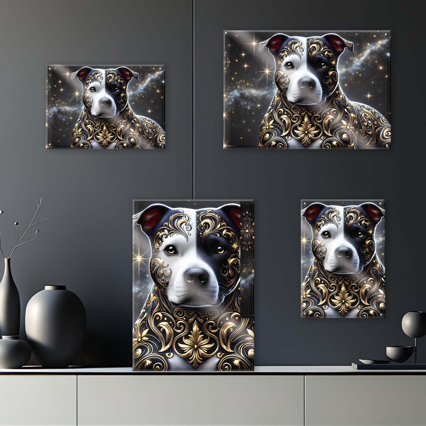 Tableau Staffordshire Bull Terrier Noir & Or - 01 - Verre Acrylique