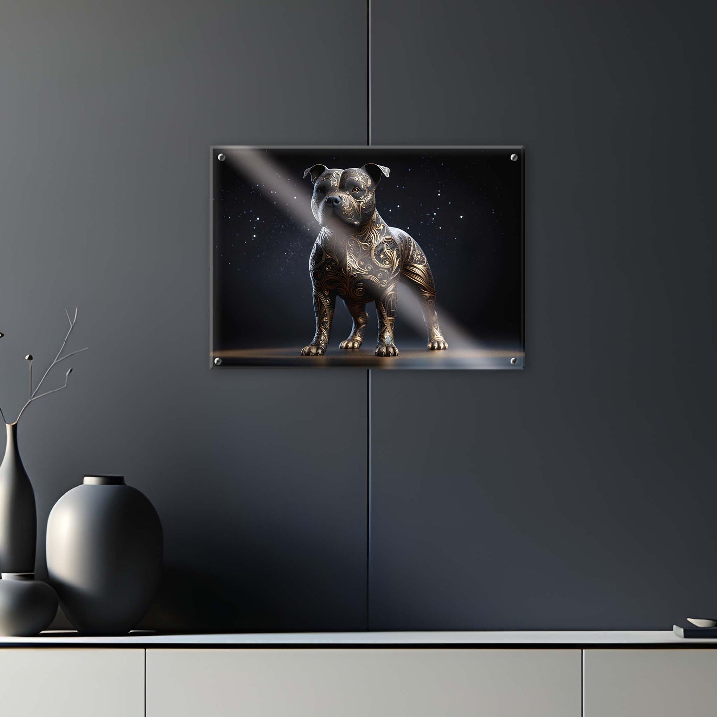 Tableau Staffordshire Bull Terrier Noir & Or - Black & Gold - Modern - Model 01