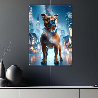 Tableau Staffordshire Bull Terrier Tokyo - Paysage Japonais Sci-Fi - Model 01