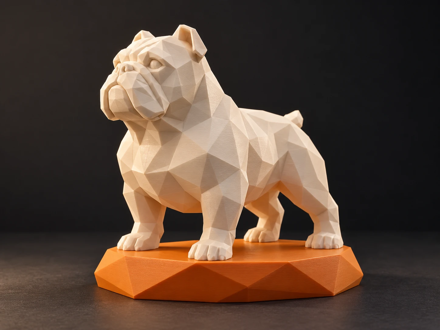 Concept d’une sculpture géométrique de bouledogue ivoire sur un socle orange
