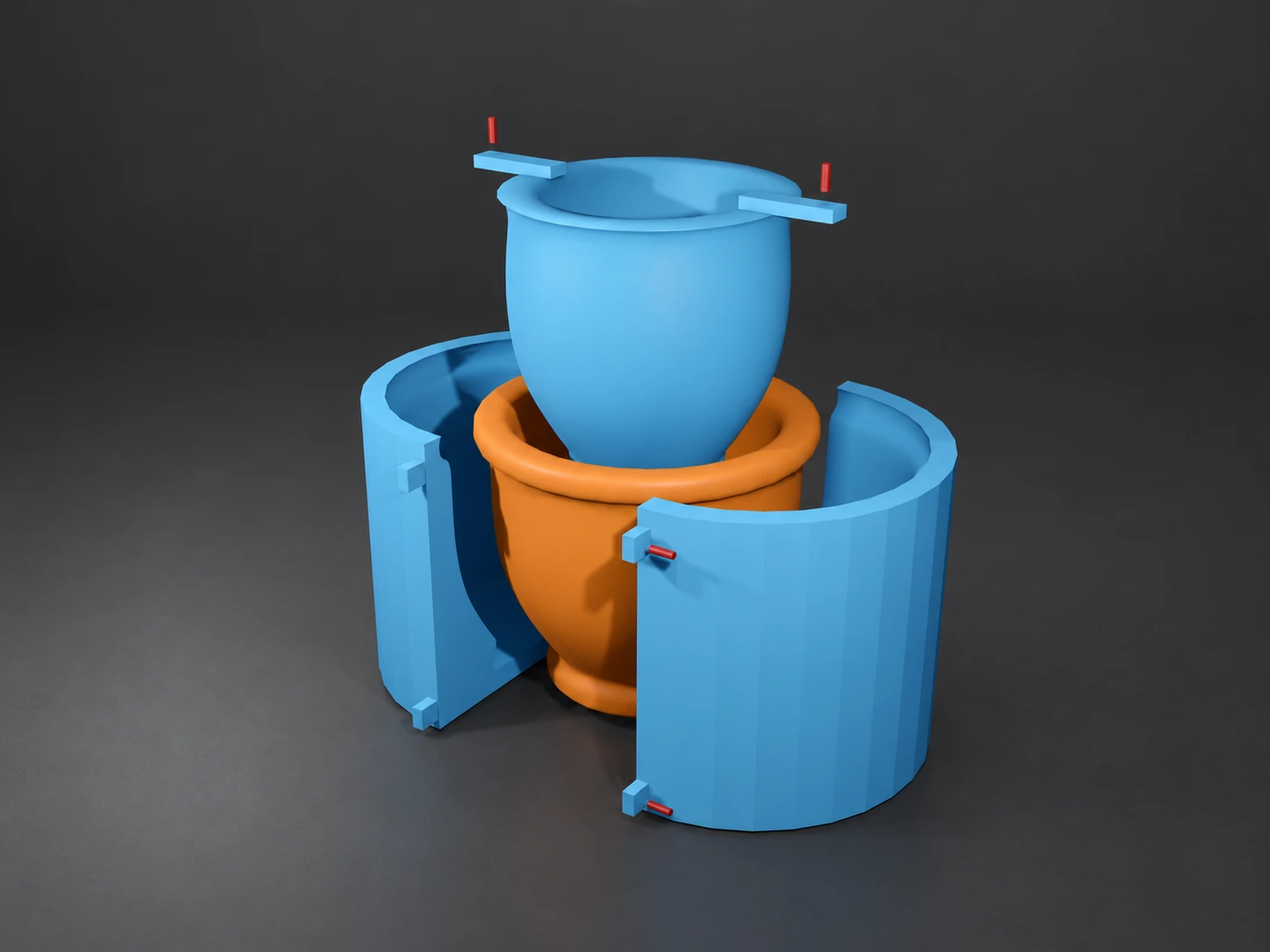 Prototype de moule bleu en plusieurs parties, avec une pièce orange et des axes rouges